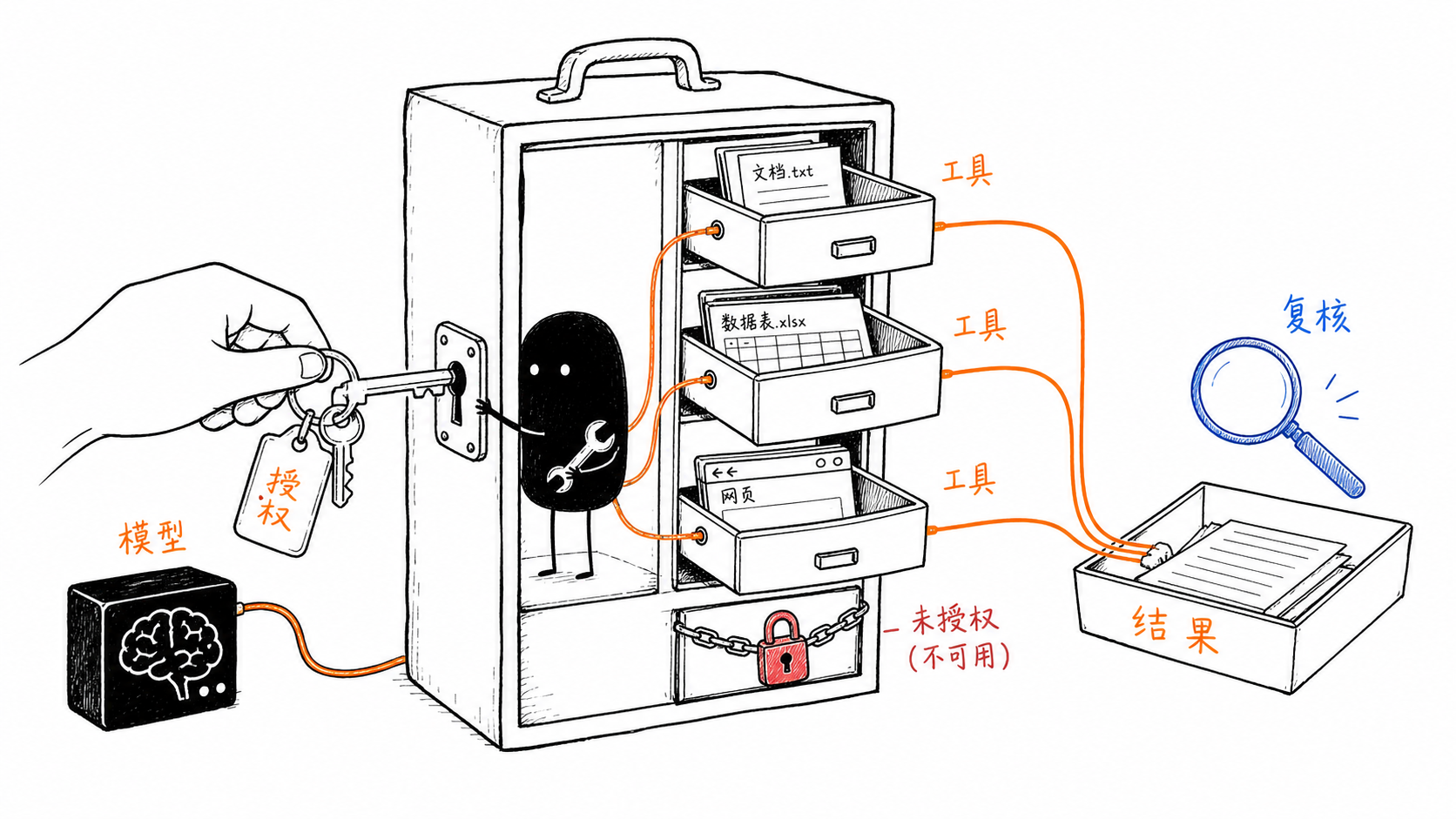手绘风格的 AI Agent 工作示意图