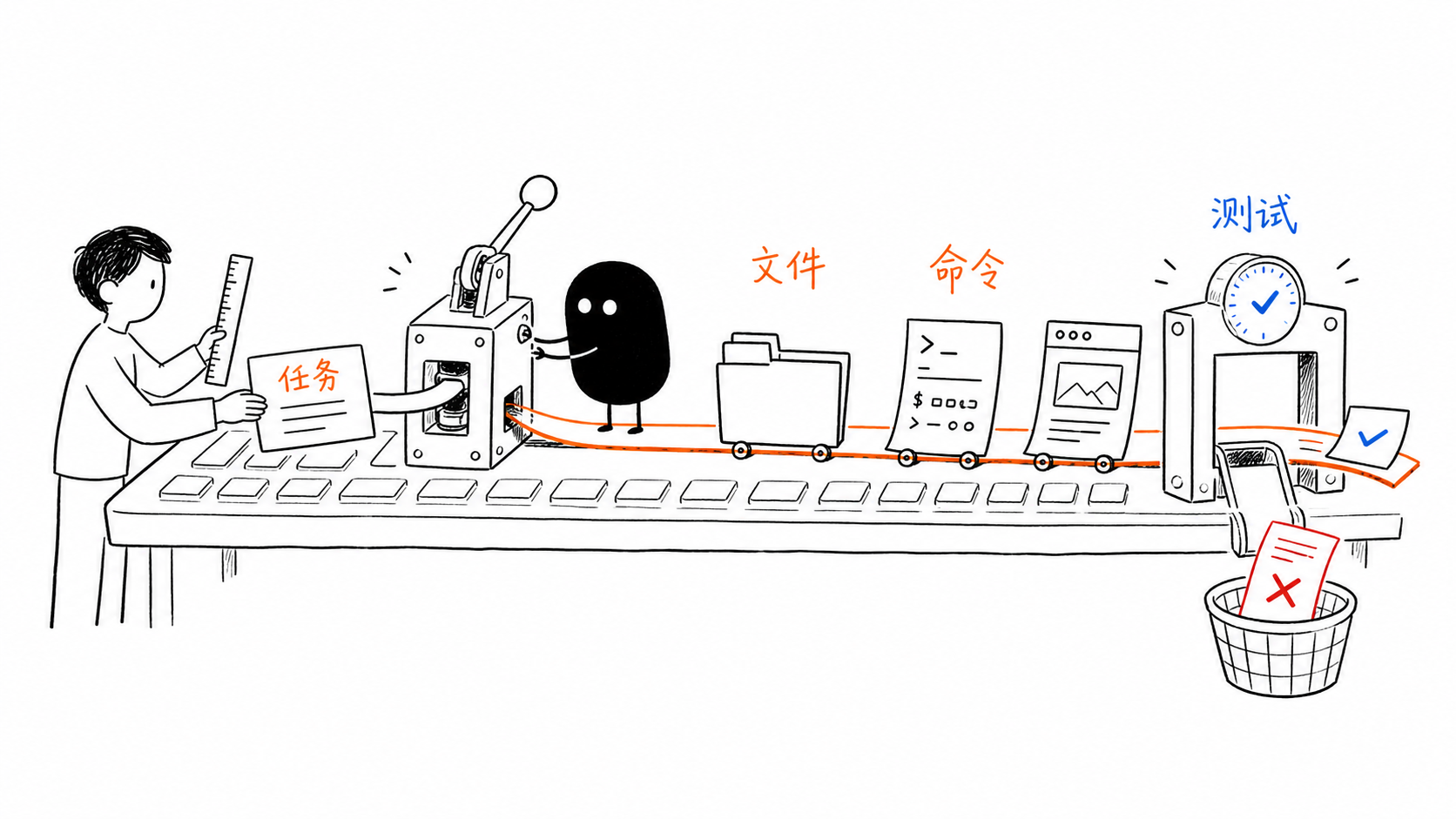 手绘风格的编程 Agent 示意图